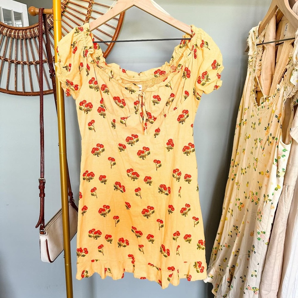 Cherry Print Linen Peasant Dress
